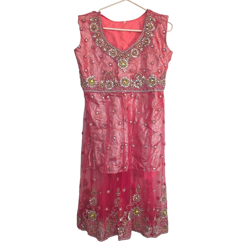 Pink Indian Anarkali‎ Suit Rhinestone Beaded Sleeveless Formal Dress Size 10